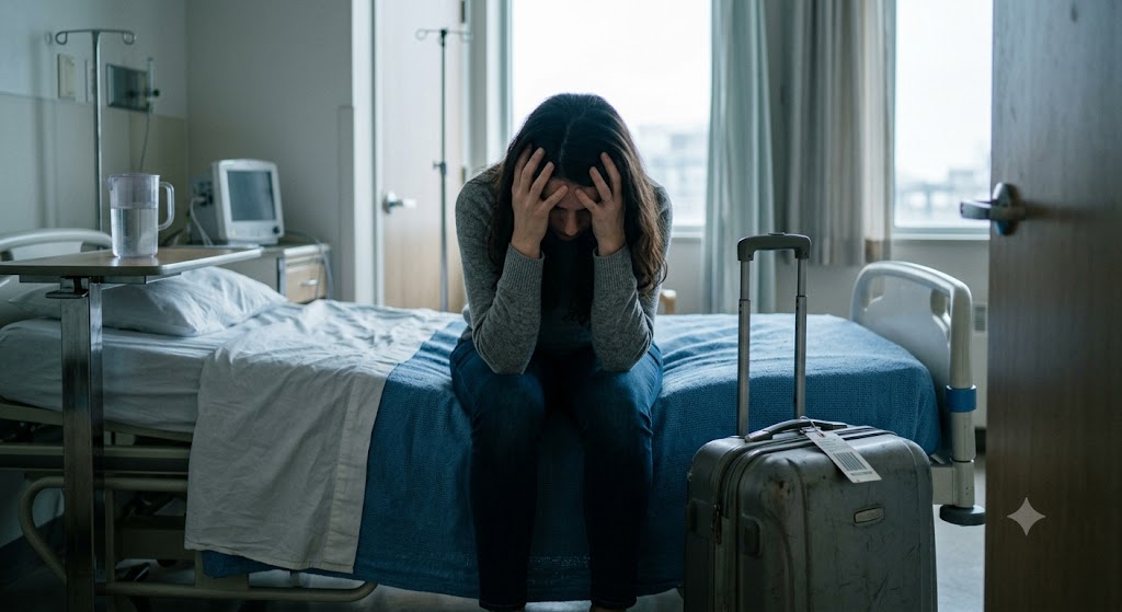 A woman sitting on the edge of a hospital bed with her head in her hands