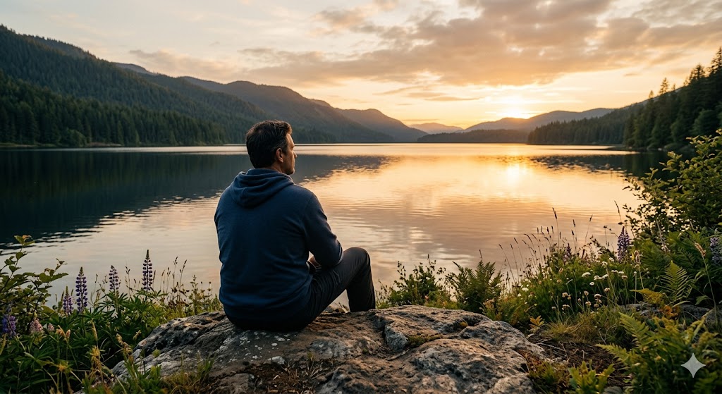 person sitting and looking at a lake